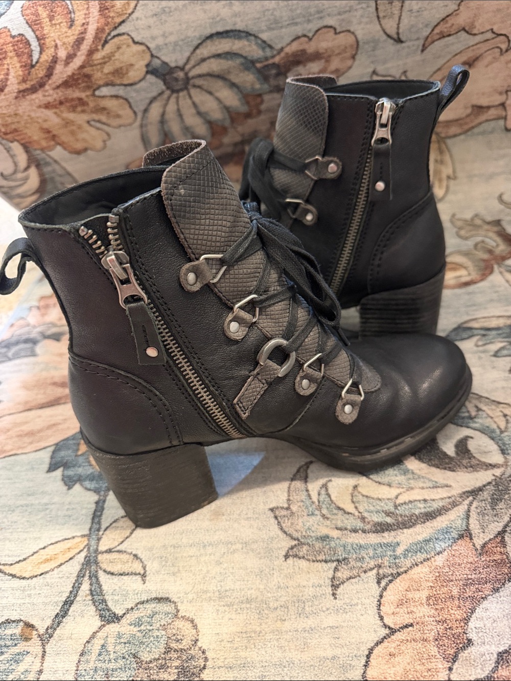 OTBT Black Lace-Up Combat Ankle Boots with Textured Panels - Picture 4 of 6